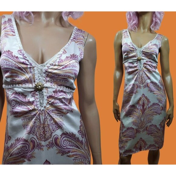 90s Y2K Silk Slip Dress Size S US 2 Paisley Print Ebène by Patrick Assuline - Picture 1 of 12